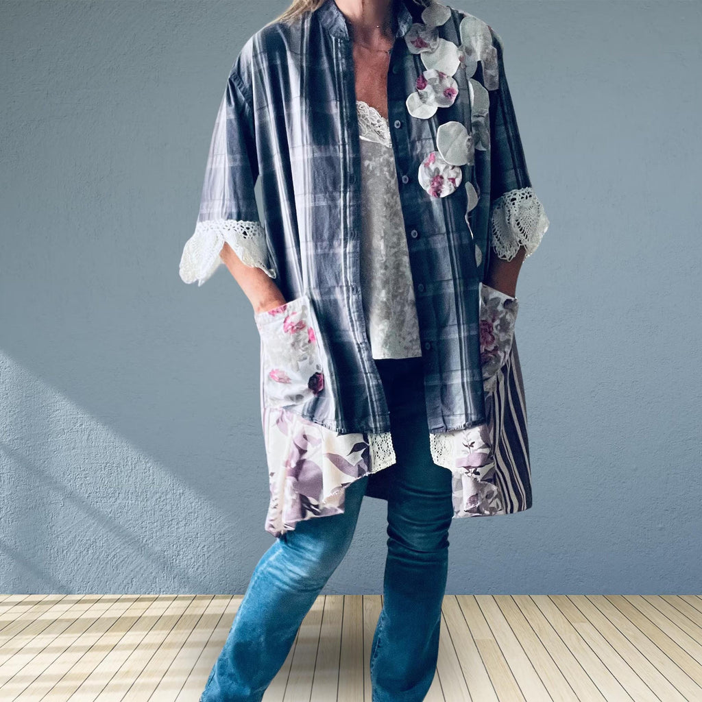 Upcycled Plaid Tunic Jacket with Floral Lace Cuffs – Prairie Art Wear Swing Coat XL 1X 'KENDALL'