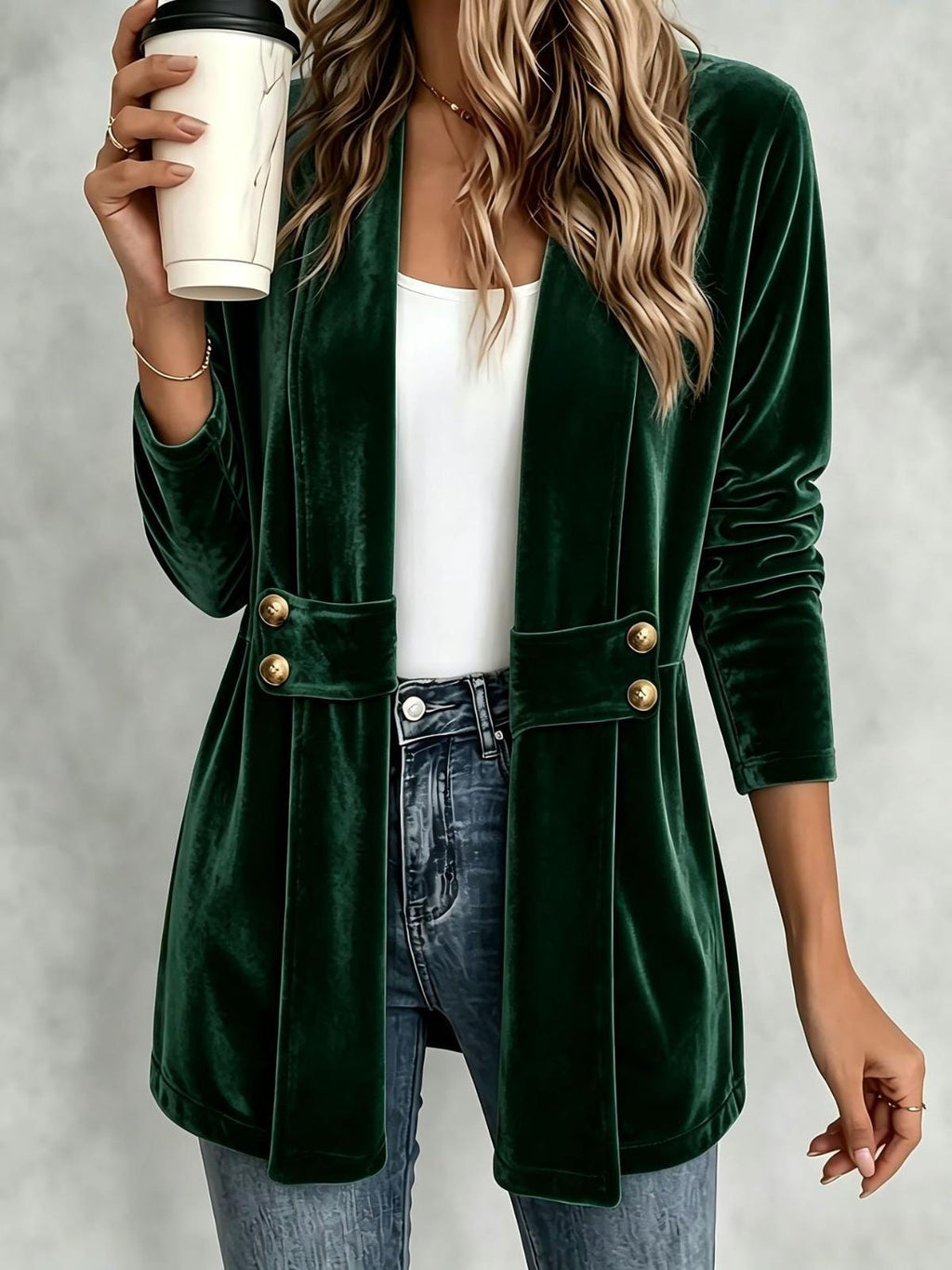 Women's Velvet Cardigan, Decorative Button Front Top, Medium Length Casual Layering Jacket