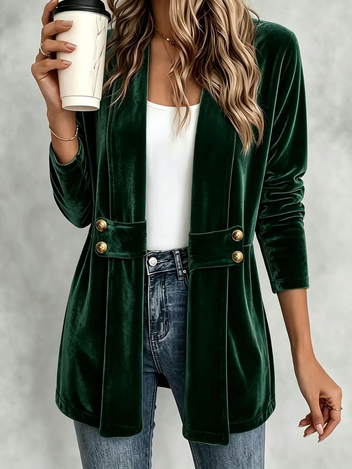 Women's Velvet Cardigan, Decorative Button Front Top, Medium Length Casual Layering Jacket