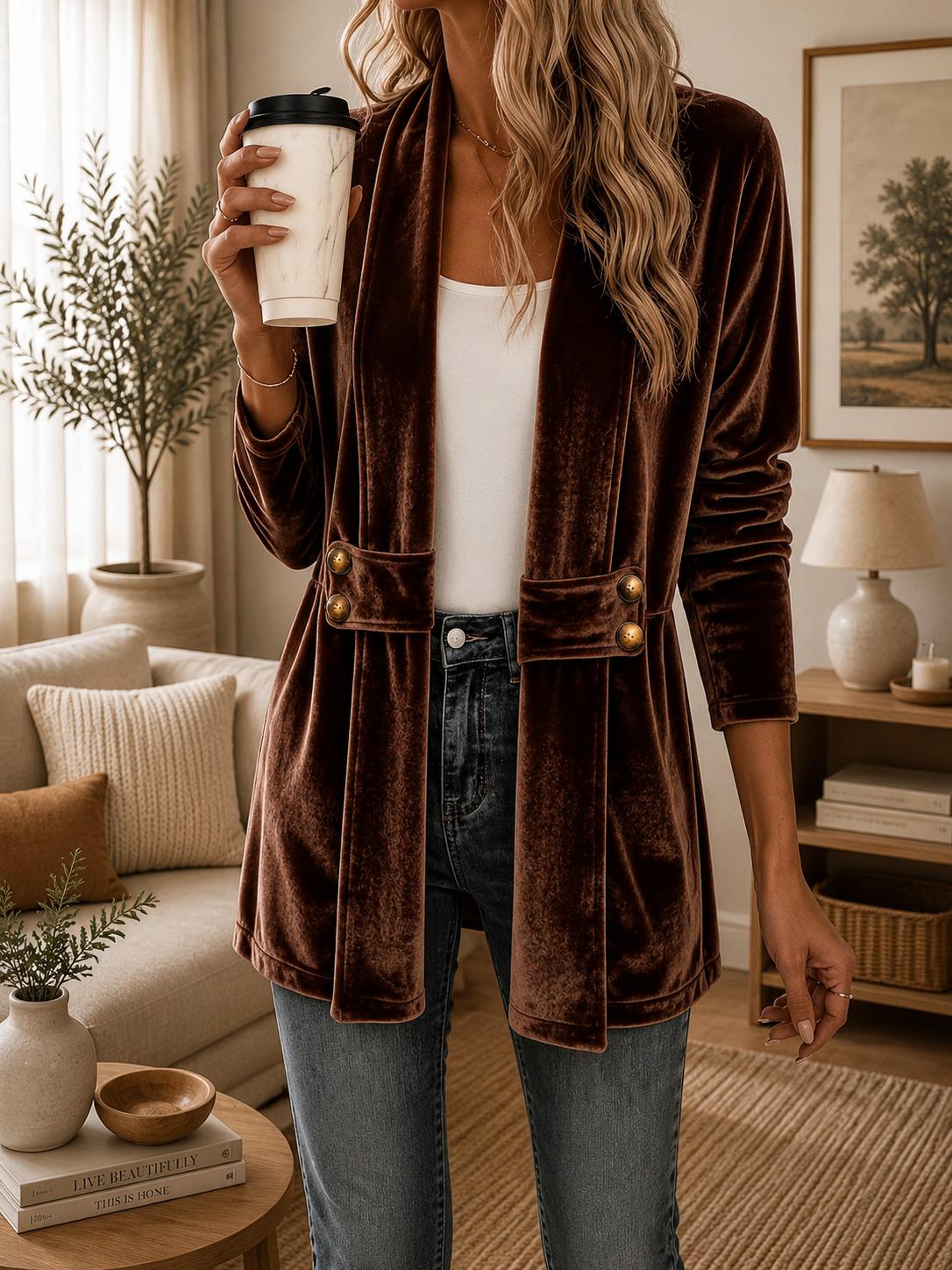 Women's Velvet Cardigan, Decorative Button Front Top, Medium Length Casual Layering Jacket