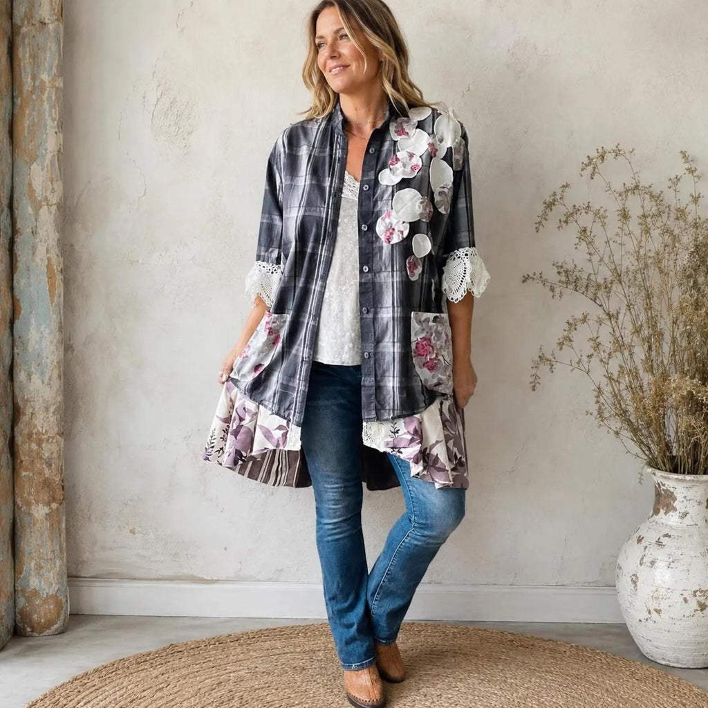Upcycled Plaid Tunic Jacket with Floral Lace Cuffs – Prairie Art Wear Swing Coat XL 1X 'KENDALL'