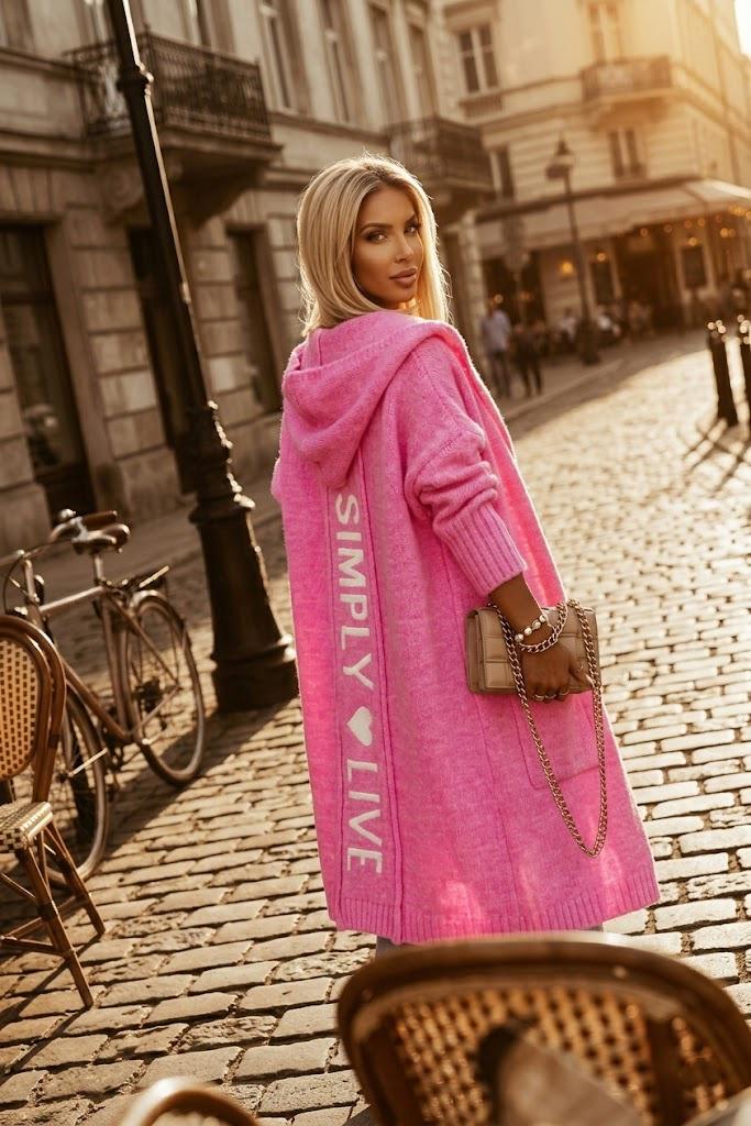 Oversized Long Hooded Cardigan for Women, "Simply Live" Back Print Chunky Knit Sweater Coat, Cozy Fall Winter Outerwear Streetwear Jacket