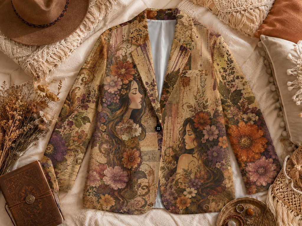 100% Cotton Boho Floral Blazer, Vintage Botanical Collage Jacket, Artsy Wearable Art