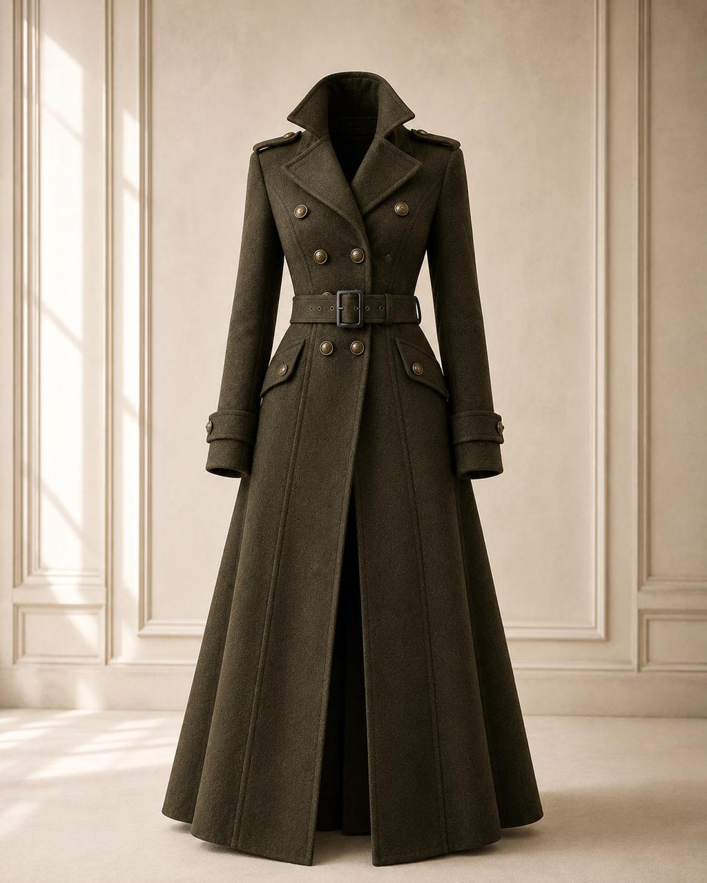 Genuine Wool Coat for Women Long Olive Double Breasted Belted Flared Winter Overcoat