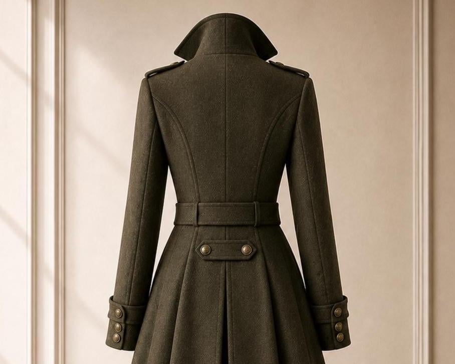 Genuine Wool Coat for Women Long Olive Double Breasted Belted Flared Winter Overcoat