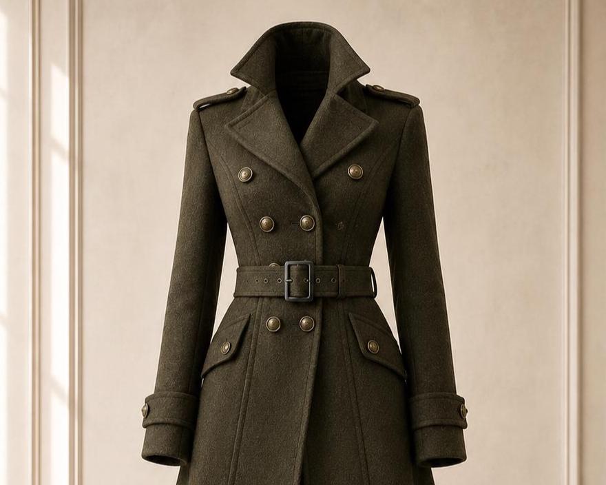 Genuine Wool Coat for Women Long Olive Double Breasted Belted Flared Winter Overcoat