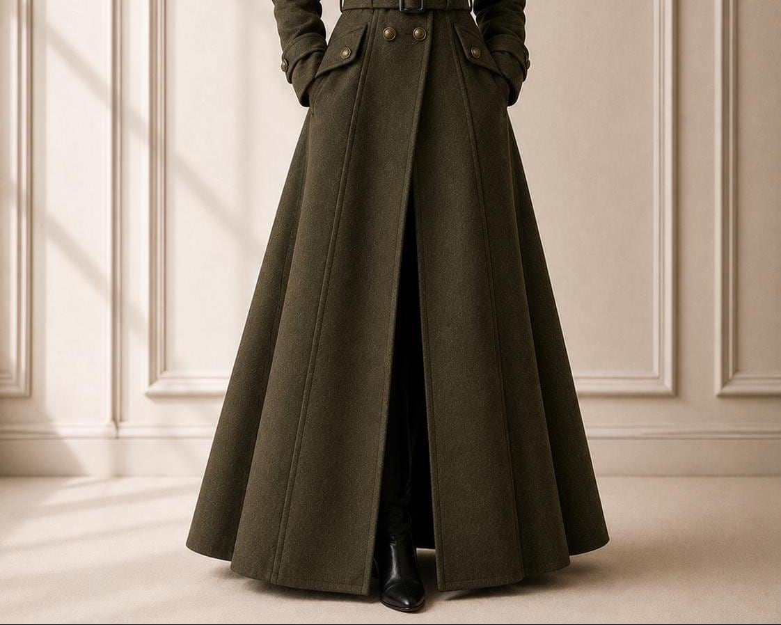 Genuine Wool Coat for Women Long Olive Double Breasted Belted Flared Winter Overcoat