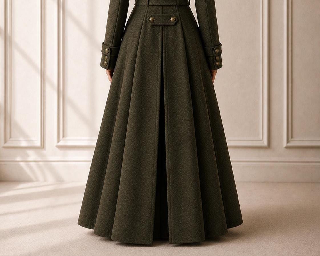 Genuine Wool Coat for Women Long Olive Double Breasted Belted Flared Winter Overcoat