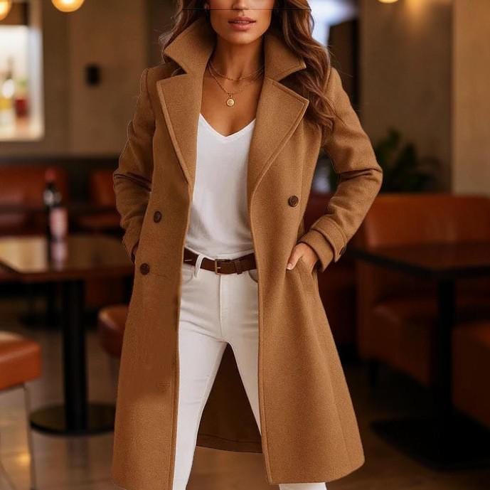 Women's Mid Length Coat, Single Breasted Lapel Jacket, Elegant Long Sleeve Coat With Pockets, Casual Office Outerwear, Fall Winter Coat