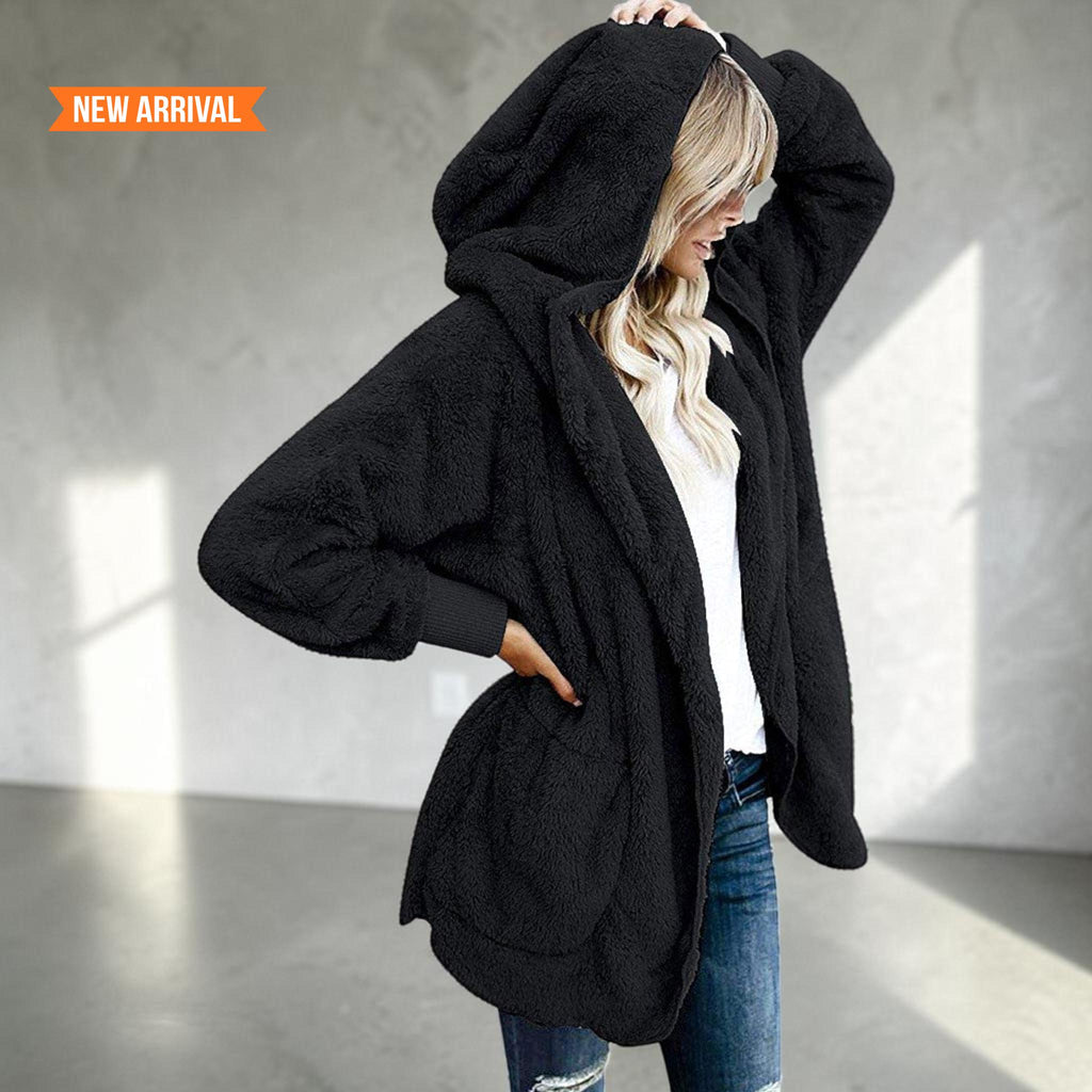 Women's Fuzzy Hooded Jacket Sherpa Cardigan Open Front Cozy Fall Winter Coat