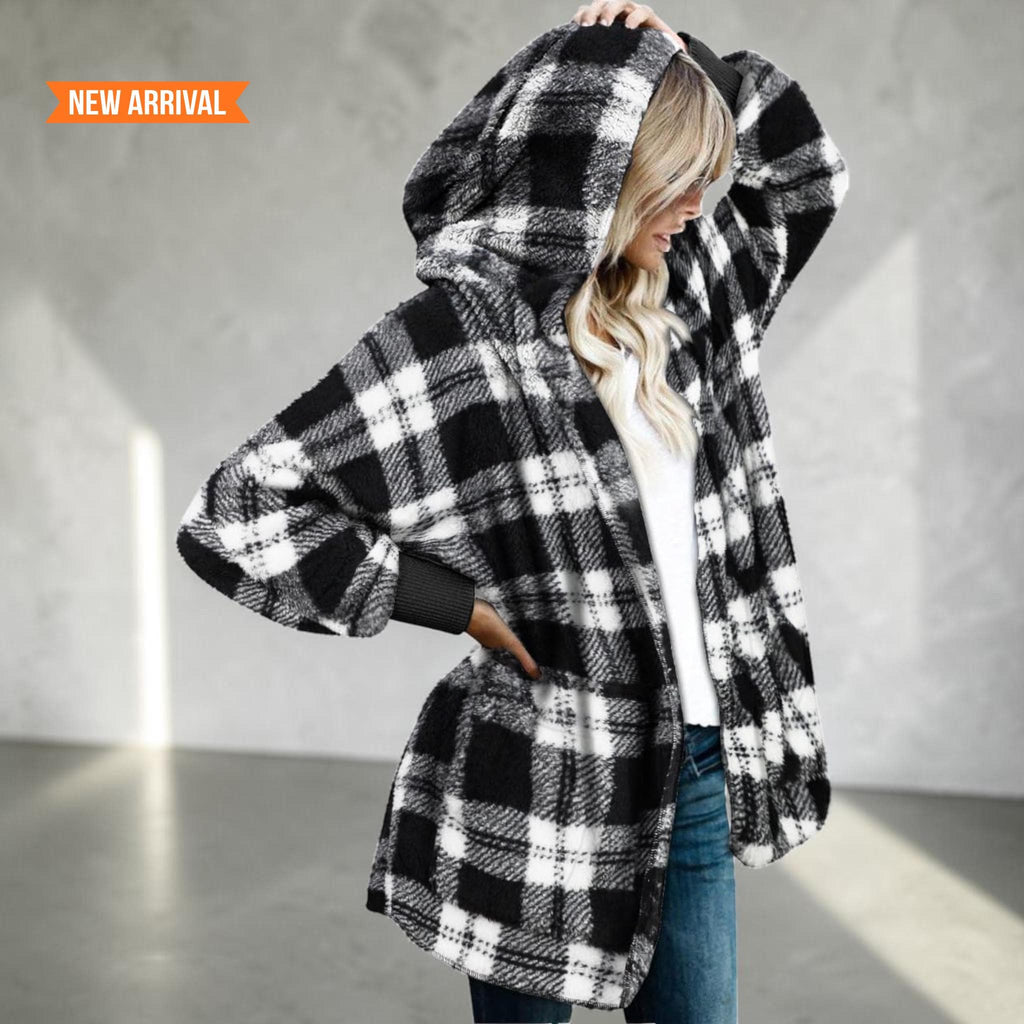 Women's Fuzzy Hooded Jacket Sherpa Cardigan Open Front Cozy Fall Winter Coat