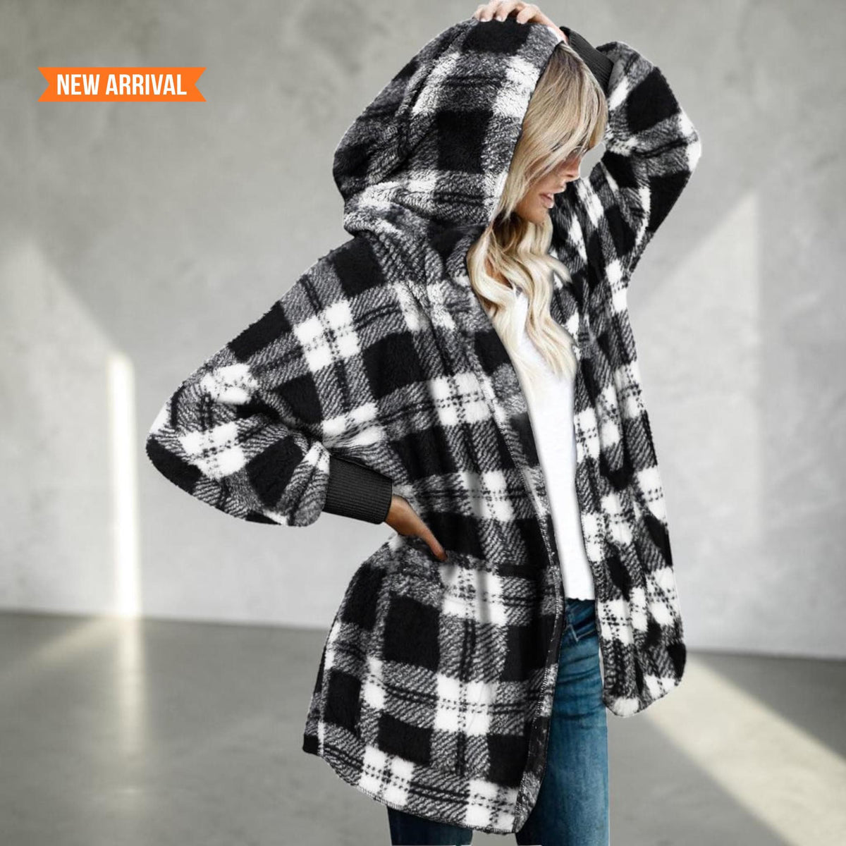 Women's Fuzzy Hooded Jacket Sherpa Cardigan Open Front Cozy Fall Winter Coat