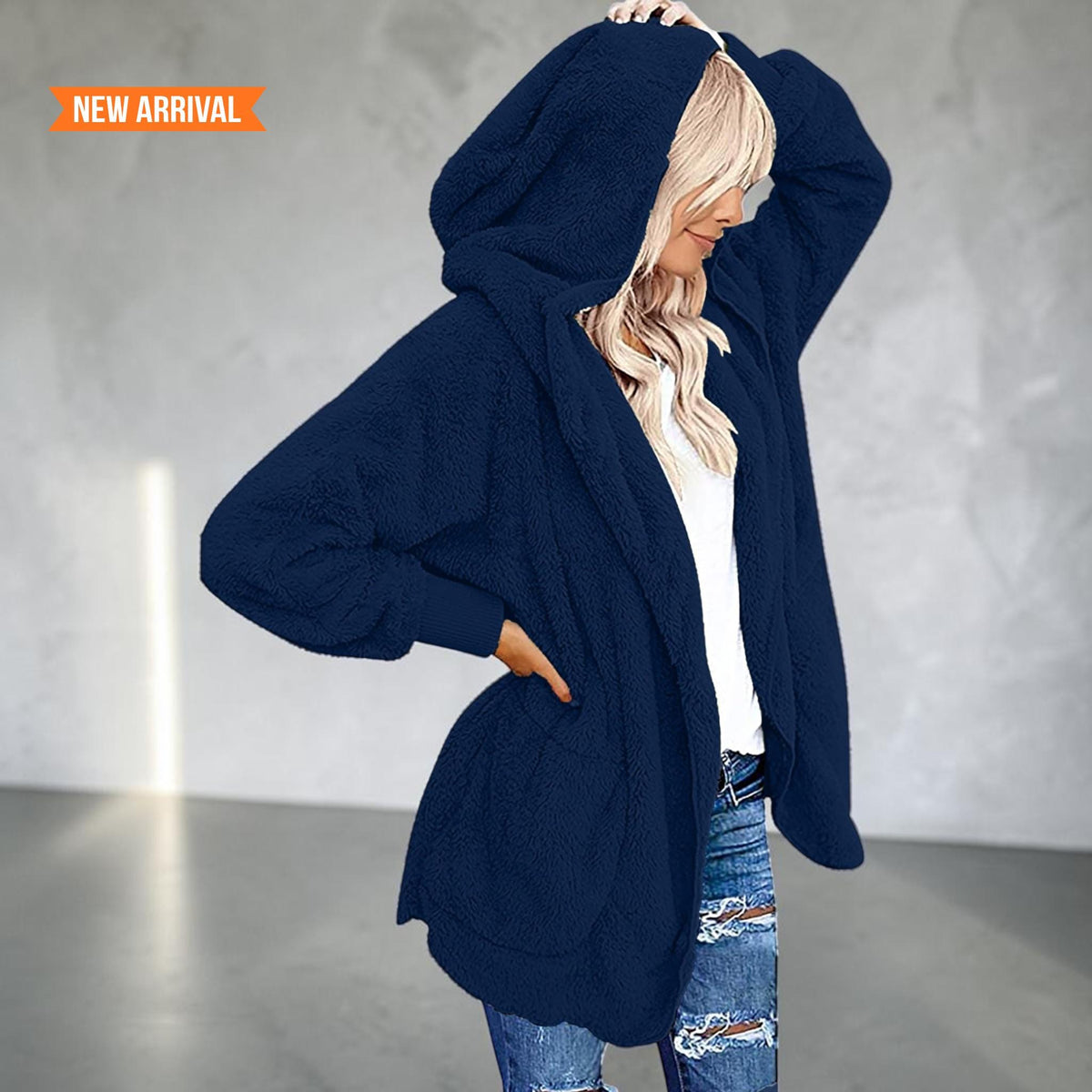 Women's Fuzzy Hooded Jacket Sherpa Cardigan Open Front Cozy Fall Winter Coat