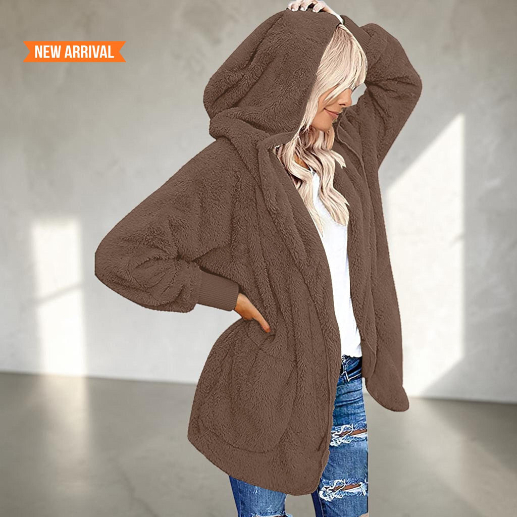 Women's Fuzzy Hooded Jacket Sherpa Cardigan Open Front Cozy Fall Winter Coat