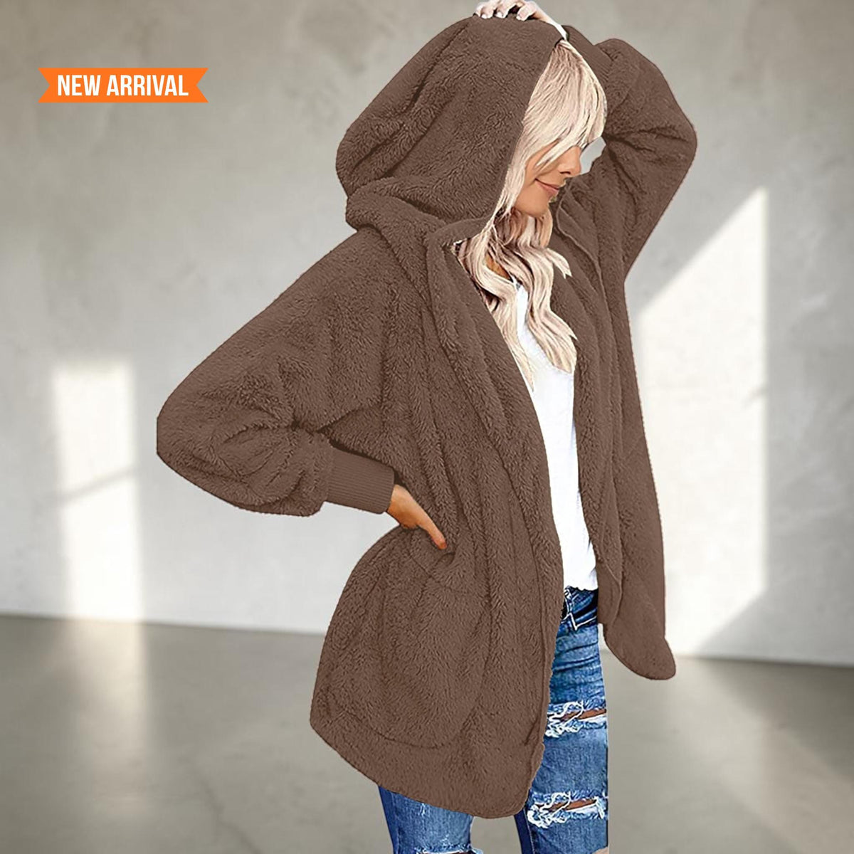 Women's Fuzzy Hooded Jacket Sherpa Cardigan Open Front Cozy Fall Winter Coat