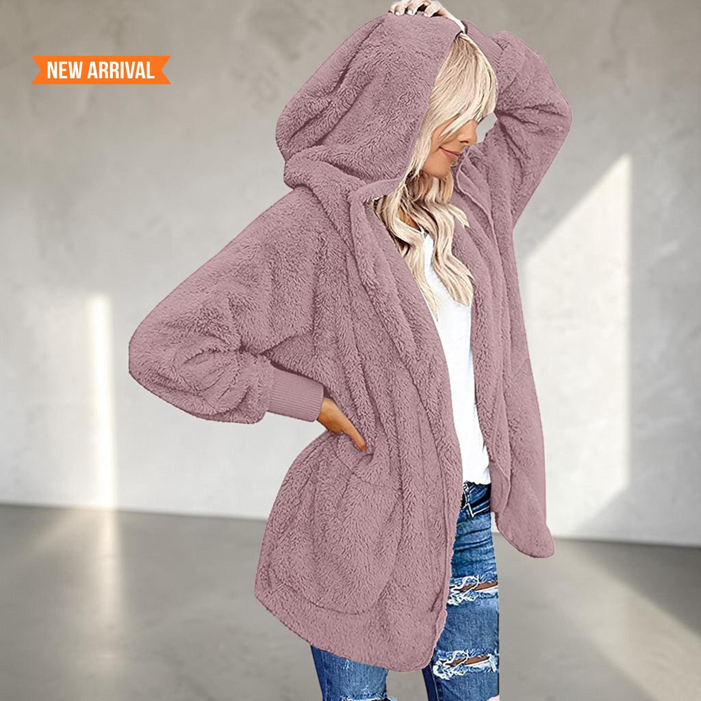 Women's Fuzzy Hooded Jacket Sherpa Cardigan Open Front Cozy Fall Winter Coat