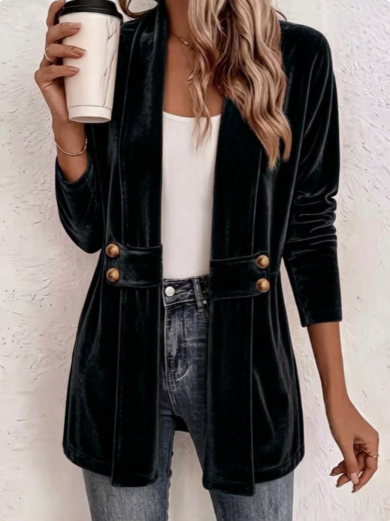 Women's Velvet Cardigan, Decorative Button Front Top, Medium Length Casual Layering Jacket