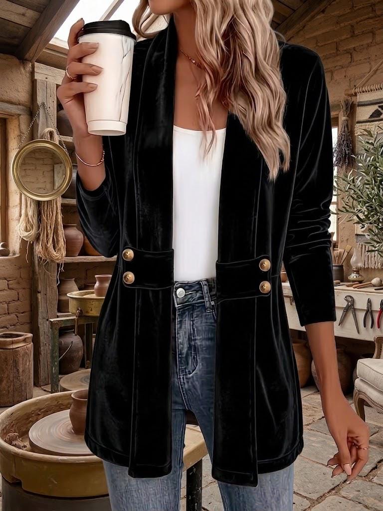 Women's Velvet Cardigan, Decorative Button Front Top, Medium Length Casual Layering Jacket