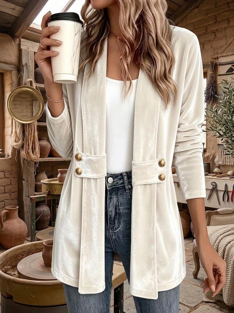 Women's Velvet Cardigan, Decorative Button Front Top, Medium Length Casual Layering Jacket