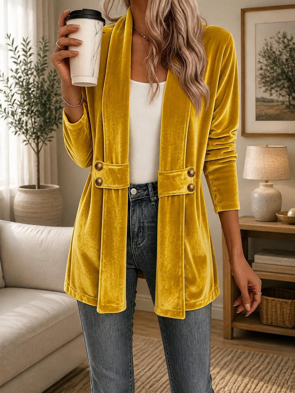Women's Velvet Cardigan, Decorative Button Front Top, Medium Length Casual Layering Jacket