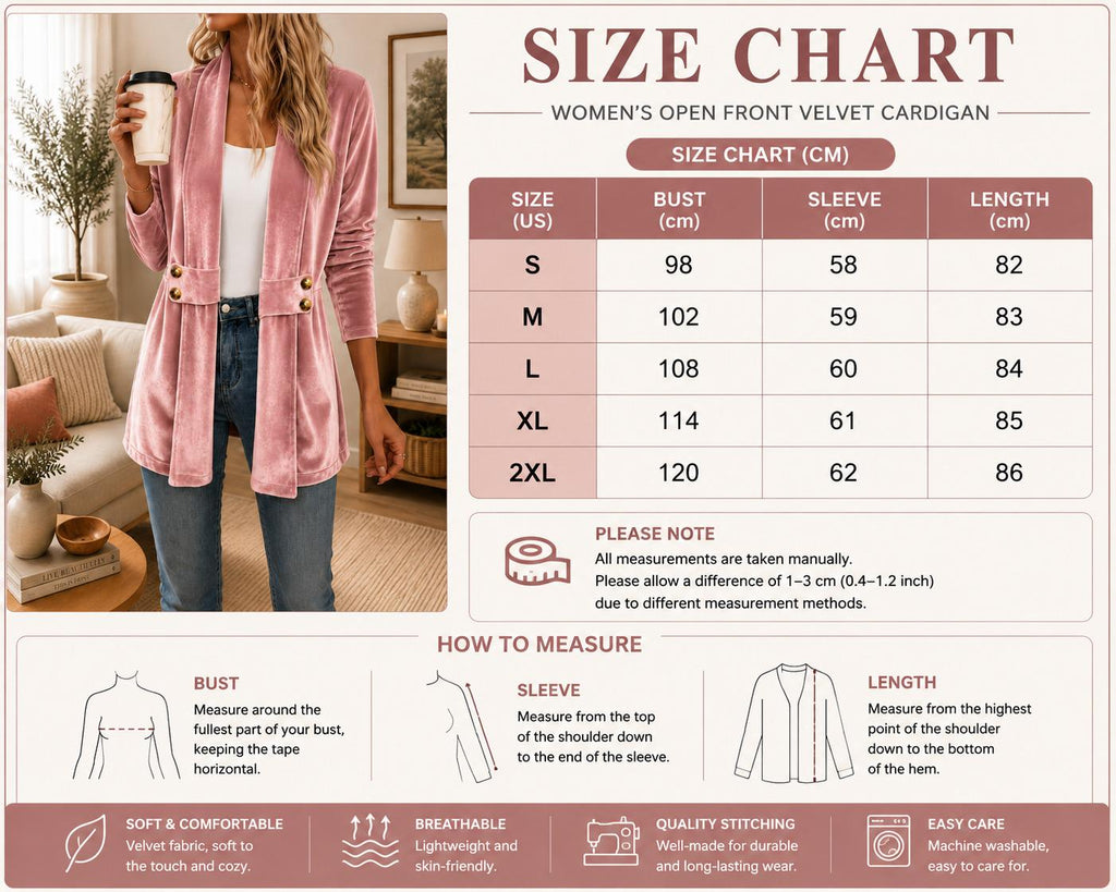 Women's Velvet Cardigan, Decorative Button Front Top, Medium Length Casual Layering Jacket