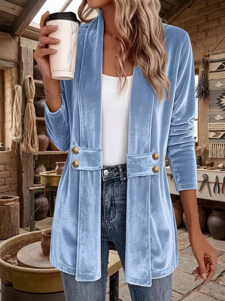 Women's Velvet Cardigan, Decorative Button Front Top, Medium Length Casual Layering Jacket