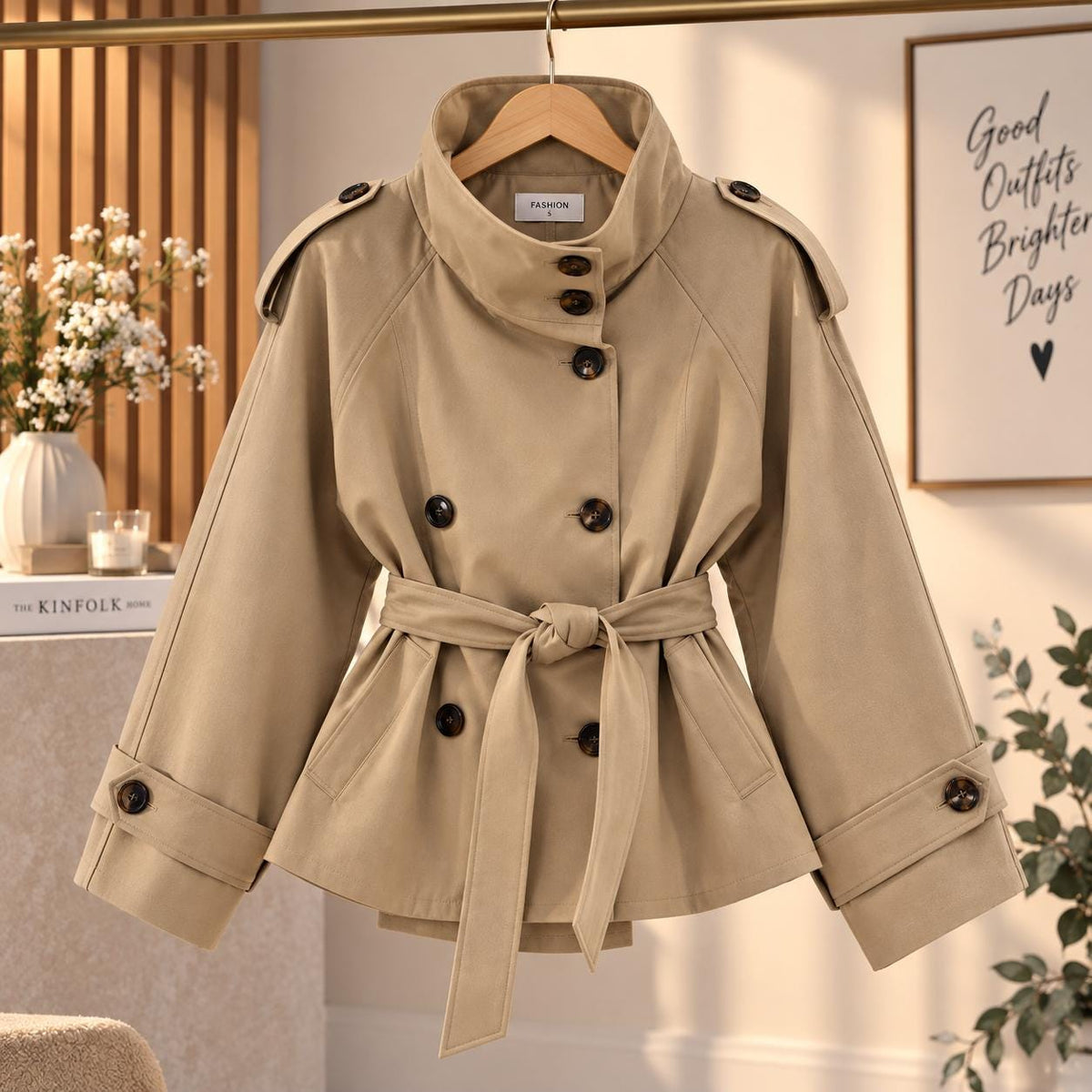 Women's Cropped Trench Coat, Belted Double Breasted Jacket, Stand Collar Lightweight Fall Spring Jacket, Vintage Minimalist Outerwear