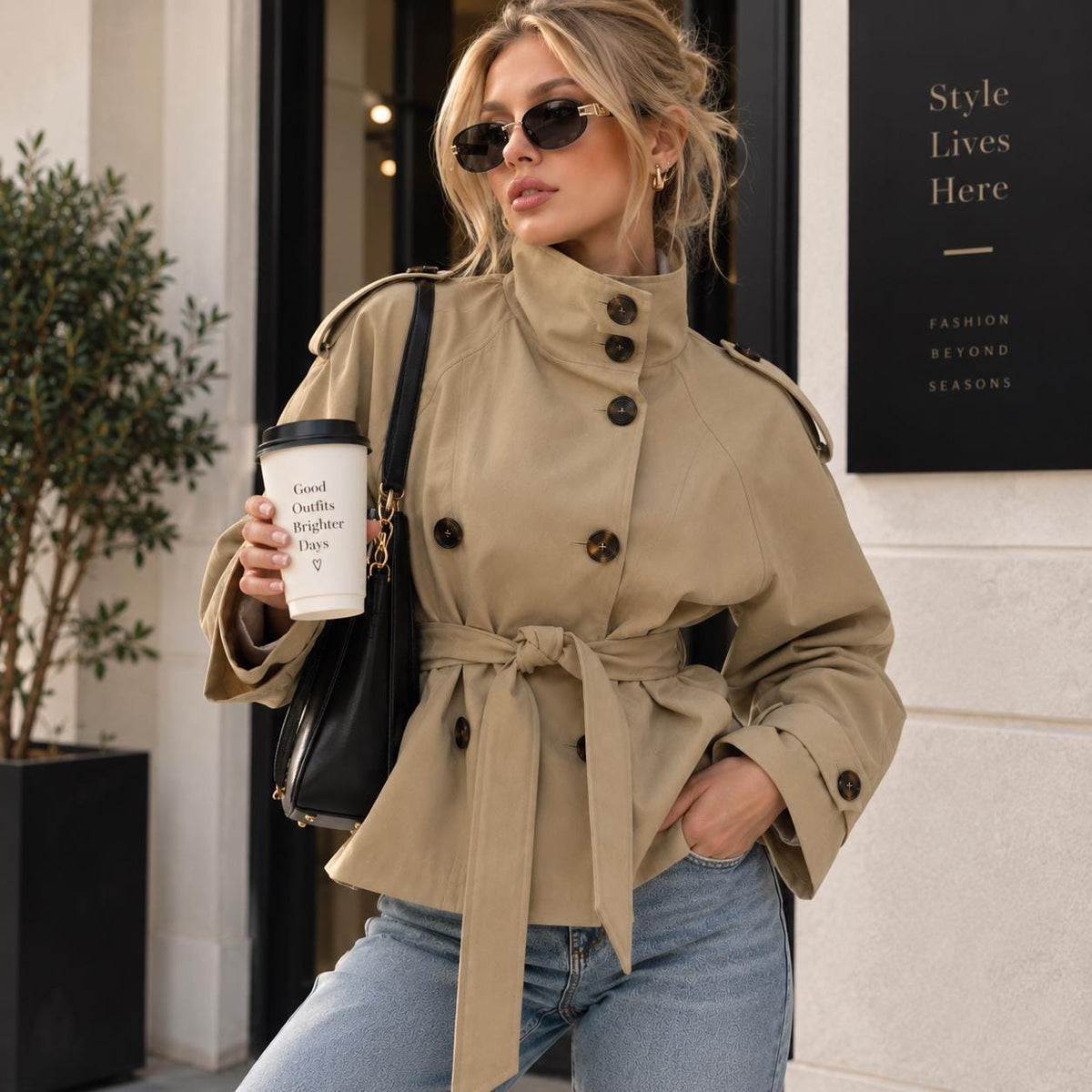 Women's Cropped Trench Coat, Belted Double Breasted Jacket, Stand Collar Lightweight Fall Spring Jacket, Vintage Minimalist Outerwear