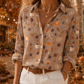 Autumn Pumpkin Blouse for Women, Fall Leaf Print Shirt, Casual Long Sleeve Top, Cozy Autumn Outfit