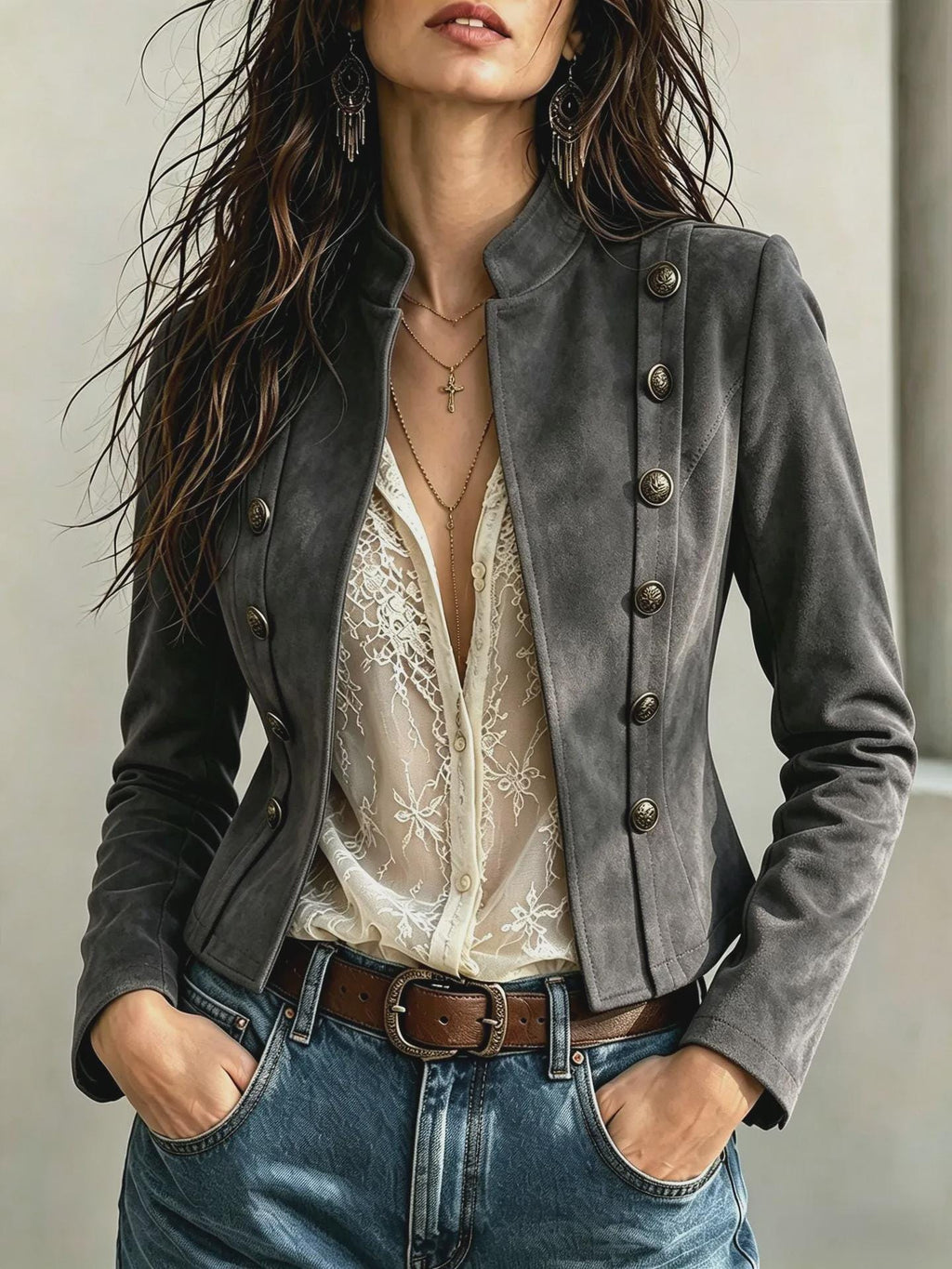 Women's Vintage Double Breasted Short Coat, Stand Neck Jacket, Elegant Casual Long Sleeve Outerwear, Chic Autumn Winter Coat