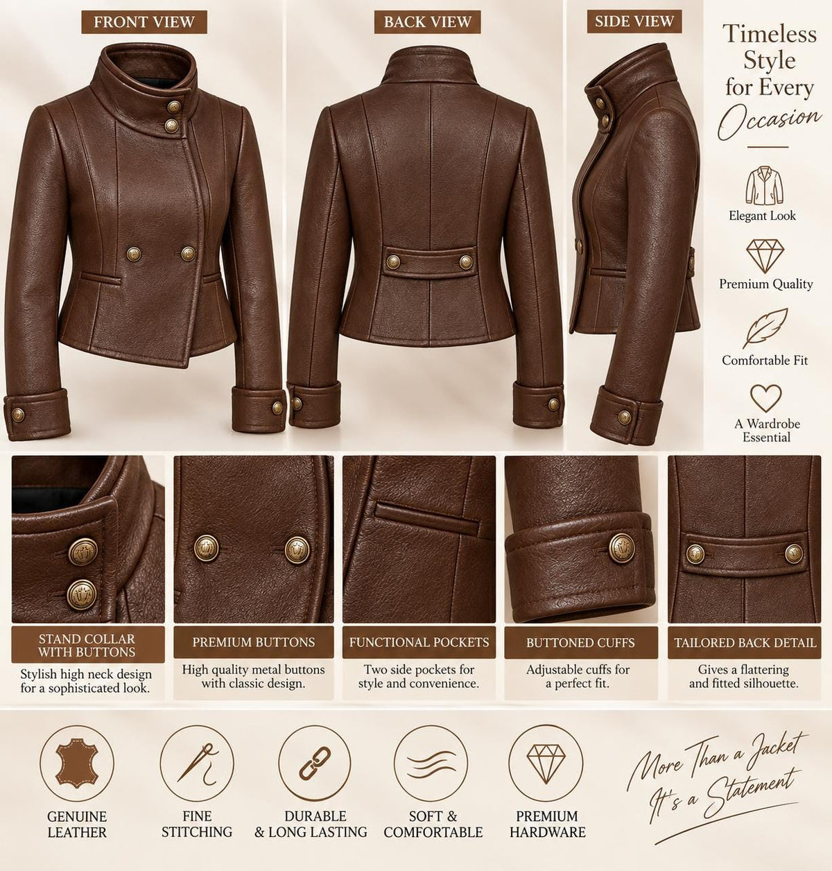 Women's Wool Jacket, Brown Military Style Coat, High Collar Tailored Fall Winter Outerwear