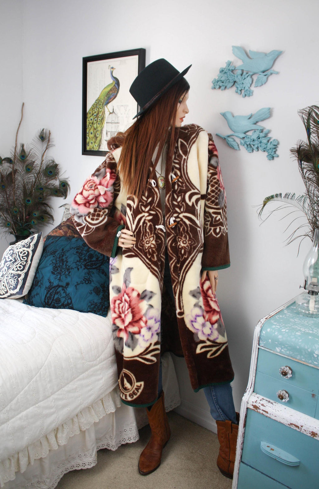 Vintage Floral Fleece Hooded Kimono Jacket - Upcycled Cottagecore Cozy Button Up Overcoat