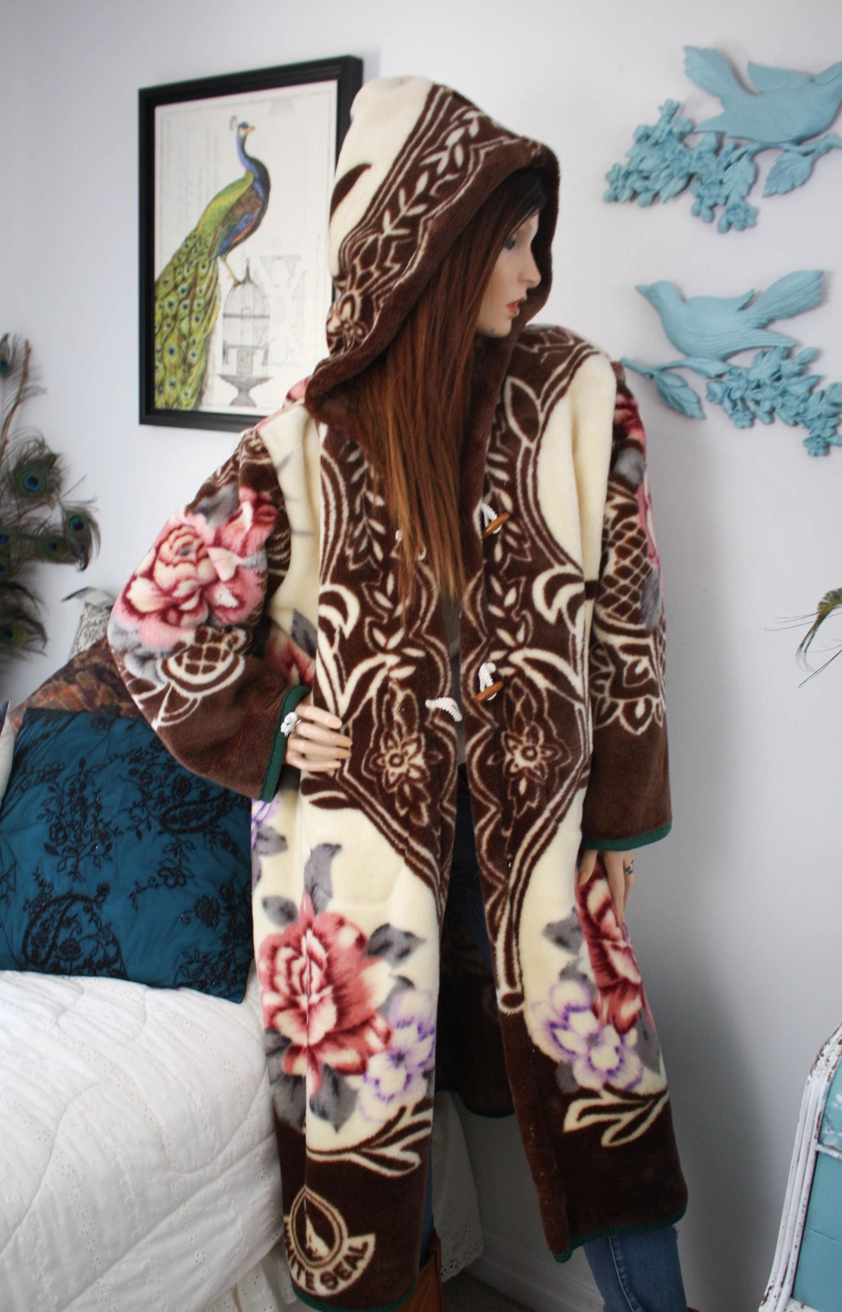 Vintage Floral Fleece Hooded Kimono Jacket - Upcycled Cottagecore Cozy Button Up Overcoat