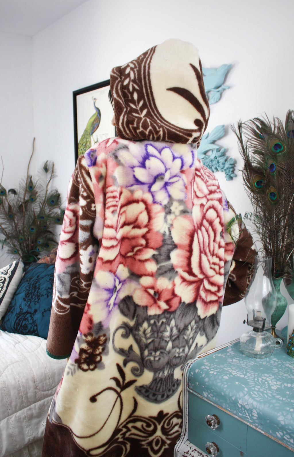 Vintage Floral Fleece Hooded Kimono Jacket - Upcycled Cottagecore Cozy Button Up Overcoat