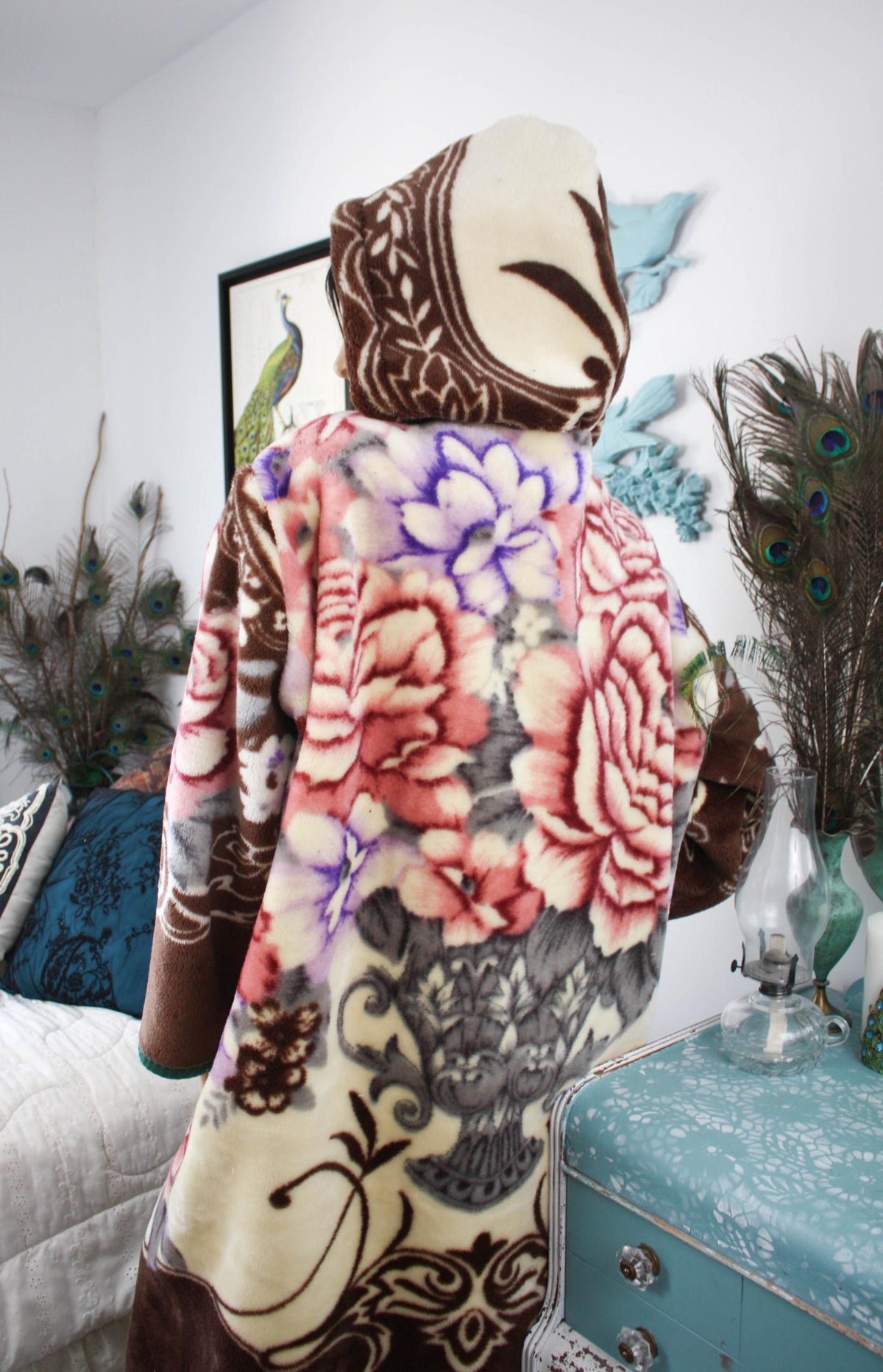 Vintage Floral Fleece Hooded Kimono Jacket - Upcycled Cottagecore Cozy Button Up Overcoat
