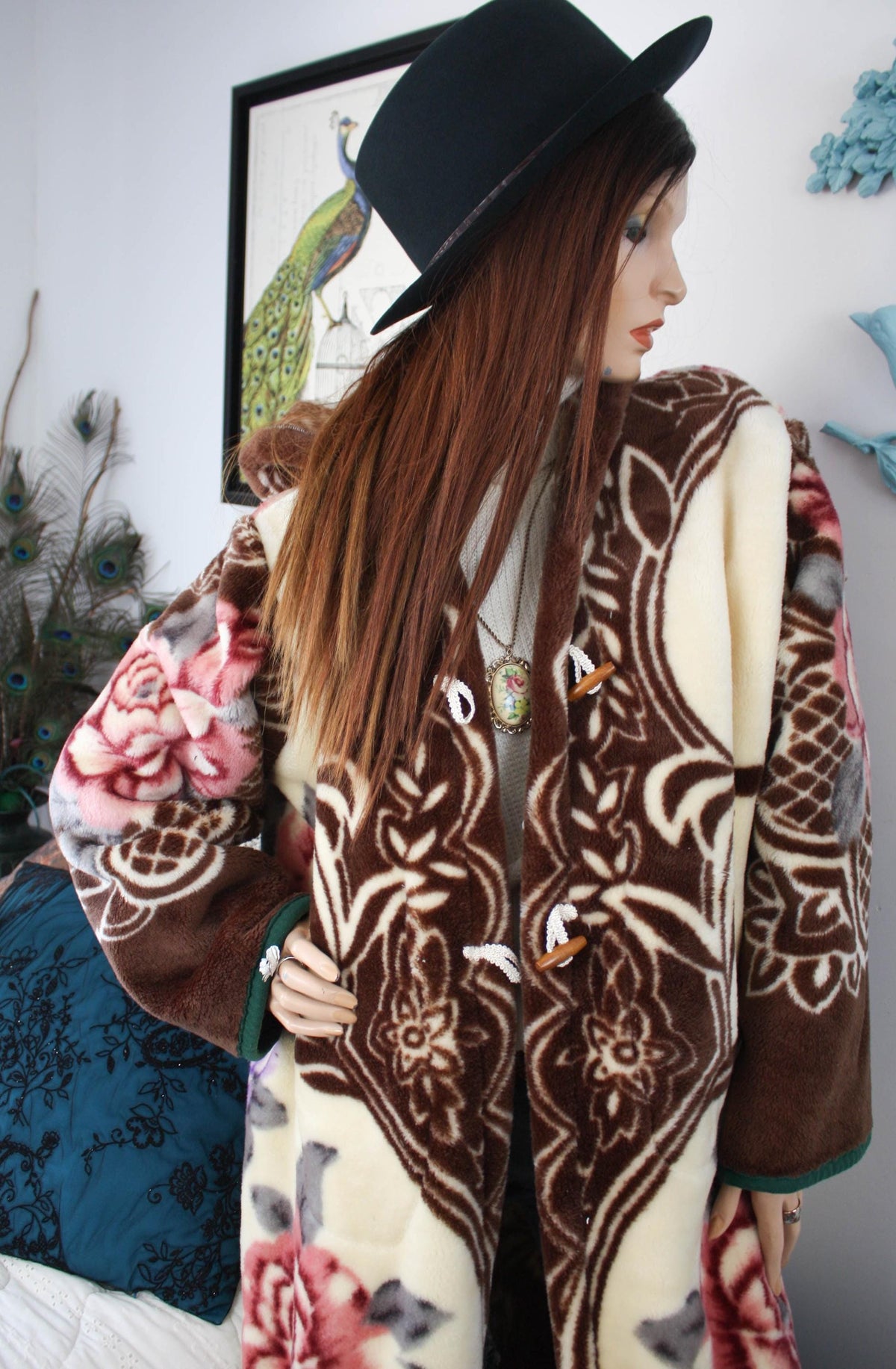 Vintage Floral Fleece Hooded Kimono Jacket - Upcycled Cottagecore Cozy Button Up Overcoat