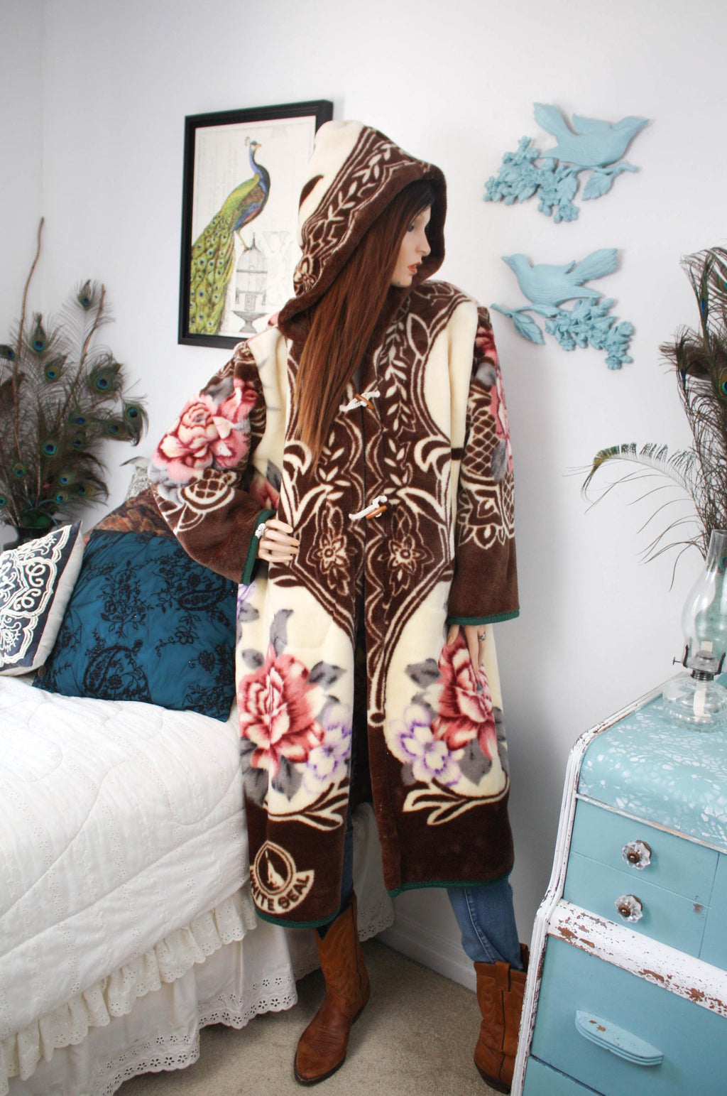 Vintage Floral Fleece Hooded Kimono Jacket - Upcycled Cottagecore Cozy Button Up Overcoat