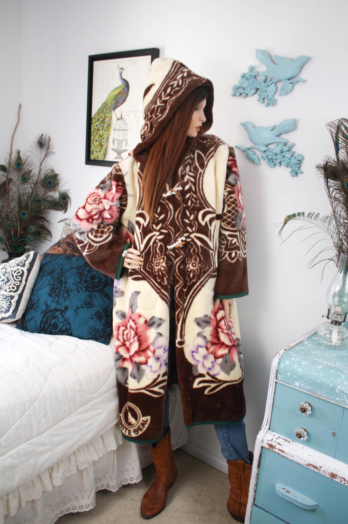 Vintage Floral Fleece Hooded Kimono Jacket - Upcycled Cottagecore Cozy Button Up Overcoat