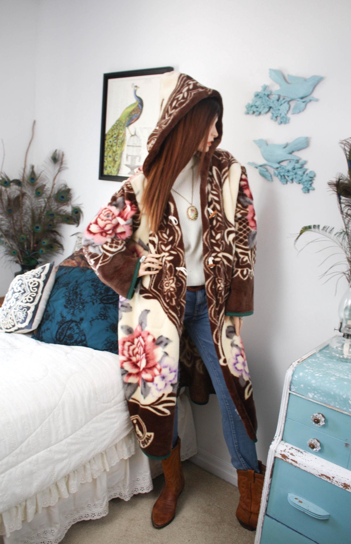 Vintage Floral Fleece Hooded Kimono Jacket - Upcycled Cottagecore Cozy Button Up Overcoat