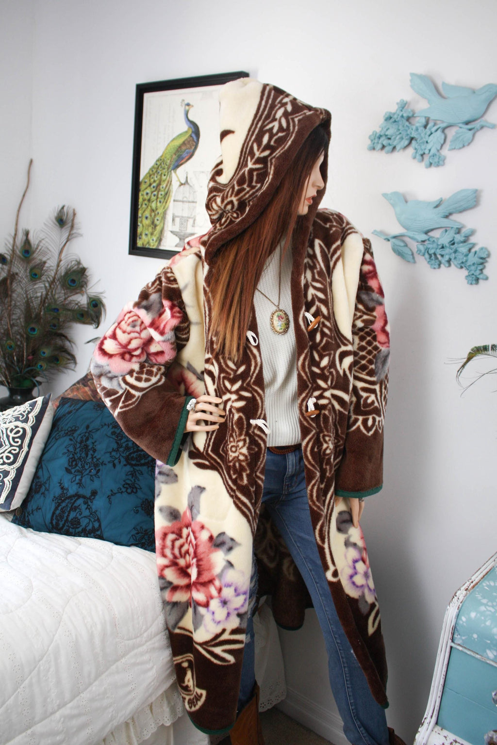 Vintage Floral Fleece Hooded Kimono Jacket - Upcycled Cottagecore Cozy Button Up Overcoat