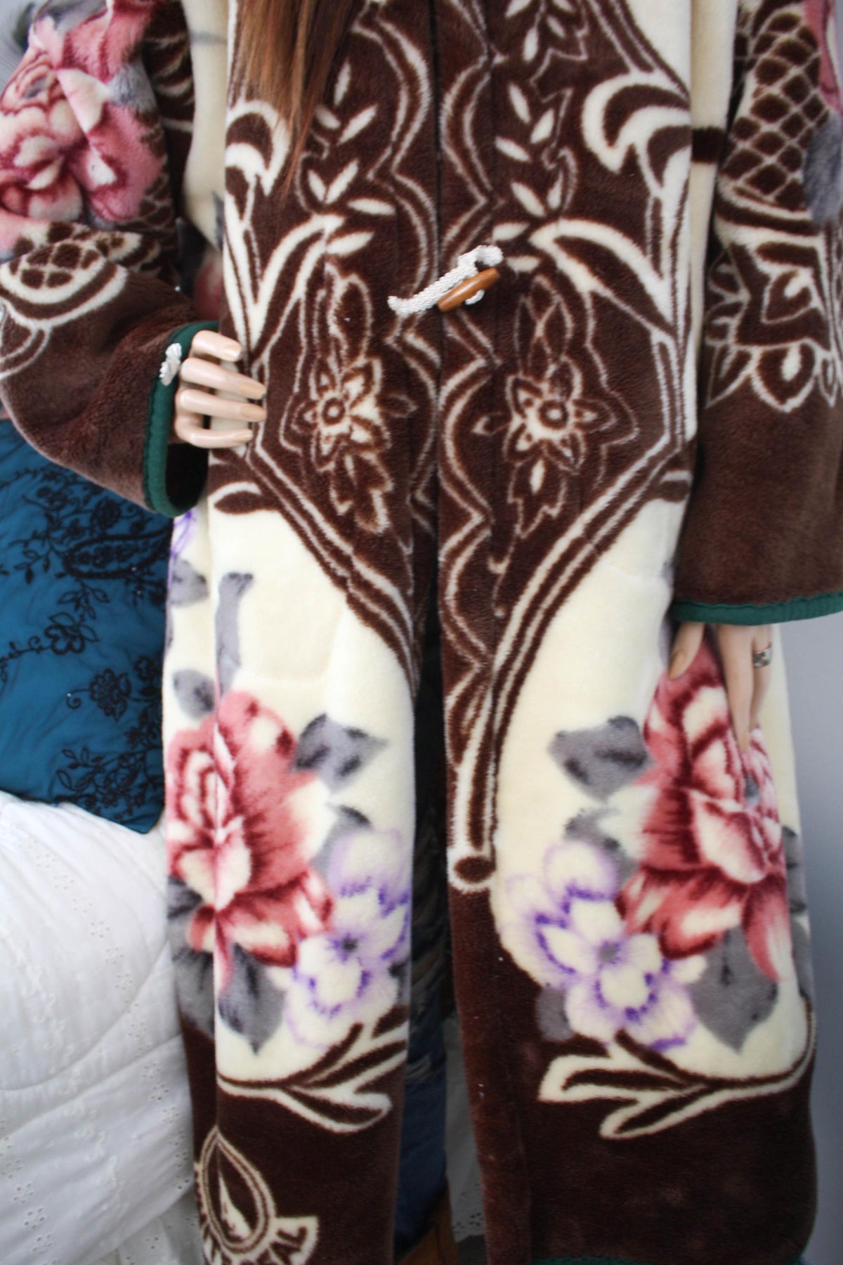 Vintage Floral Fleece Hooded Kimono Jacket - Upcycled Cottagecore Cozy Button Up Overcoat