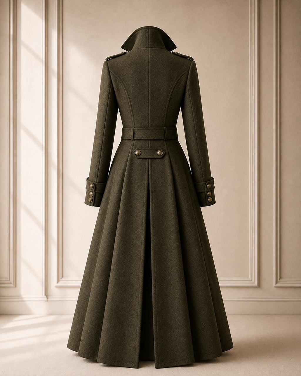 Genuine Wool Coat for Women Long Olive Double Breasted Belted Flared Winter Overcoat