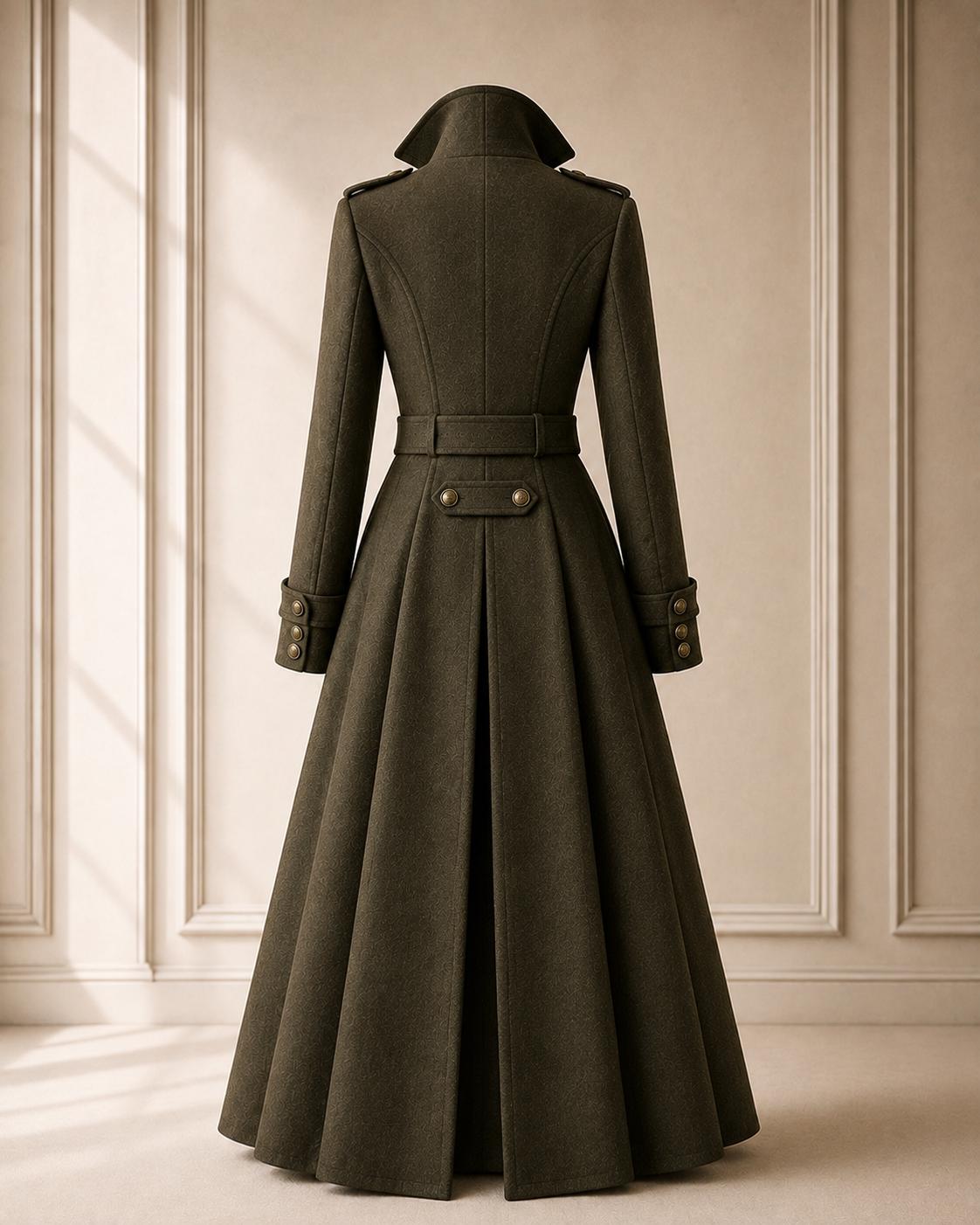 Genuine Wool Coat for Women Long Olive Double Breasted Belted Flared Winter Overcoat