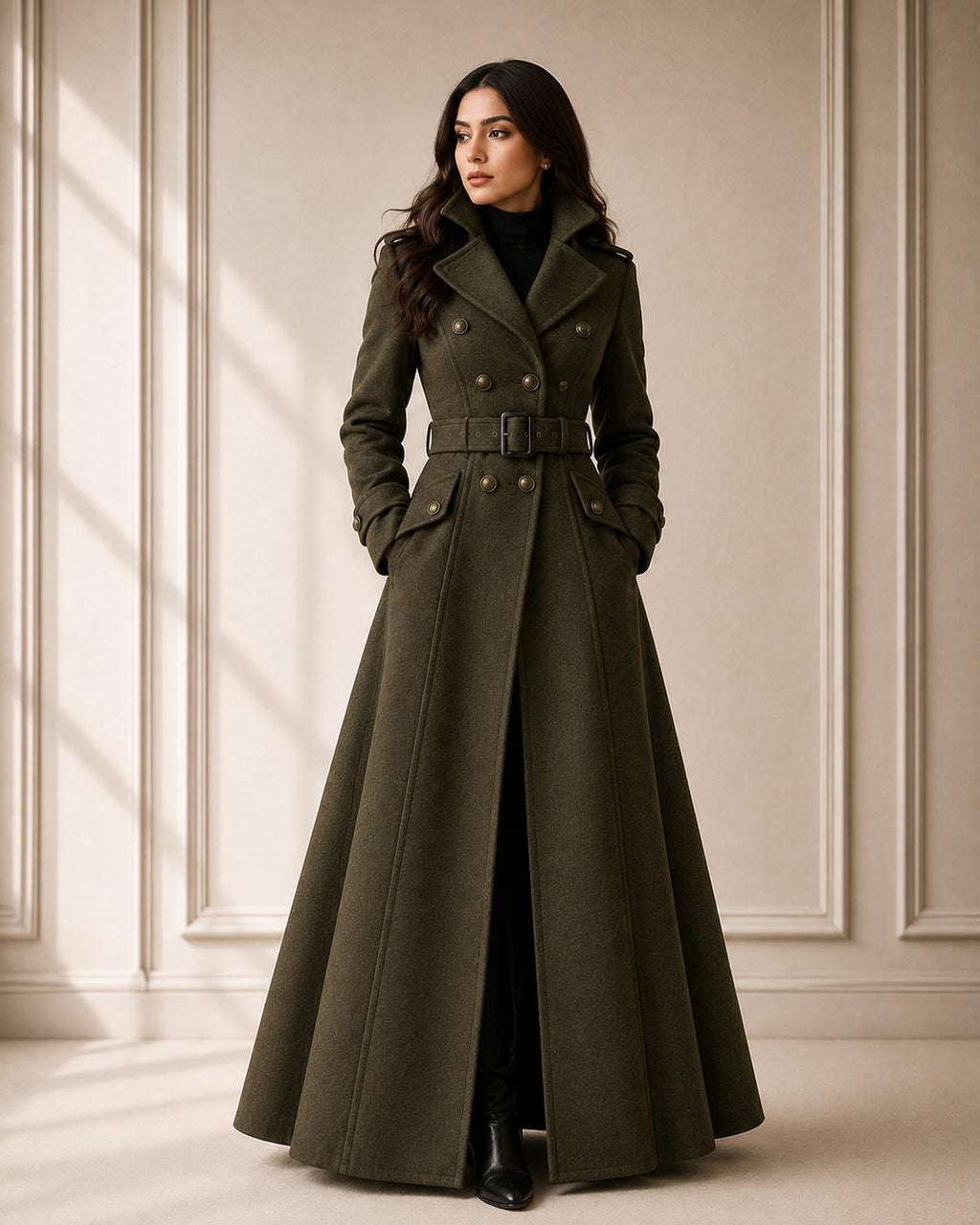 Genuine Wool Coat for Women Long Olive Double Breasted Belted Flared Winter Overcoat