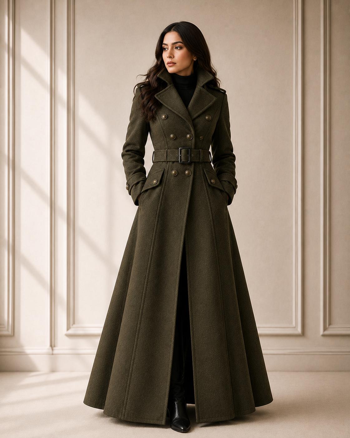 Genuine Wool Coat for Women Long Olive Double Breasted Belted Flared Winter Overcoat