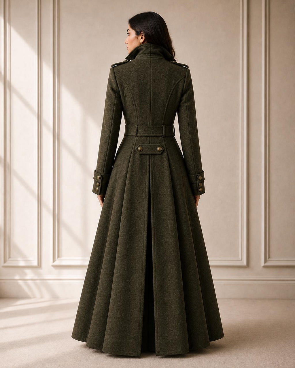 Genuine Wool Coat for Women Long Olive Double Breasted Belted Flared Winter Overcoat