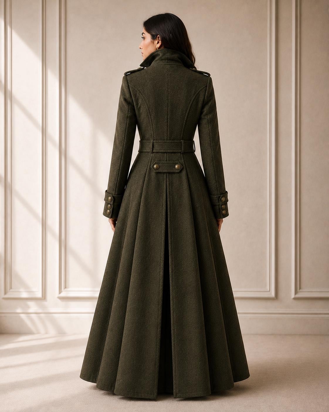 Genuine Wool Coat for Women Long Olive Double Breasted Belted Flared Winter Overcoat