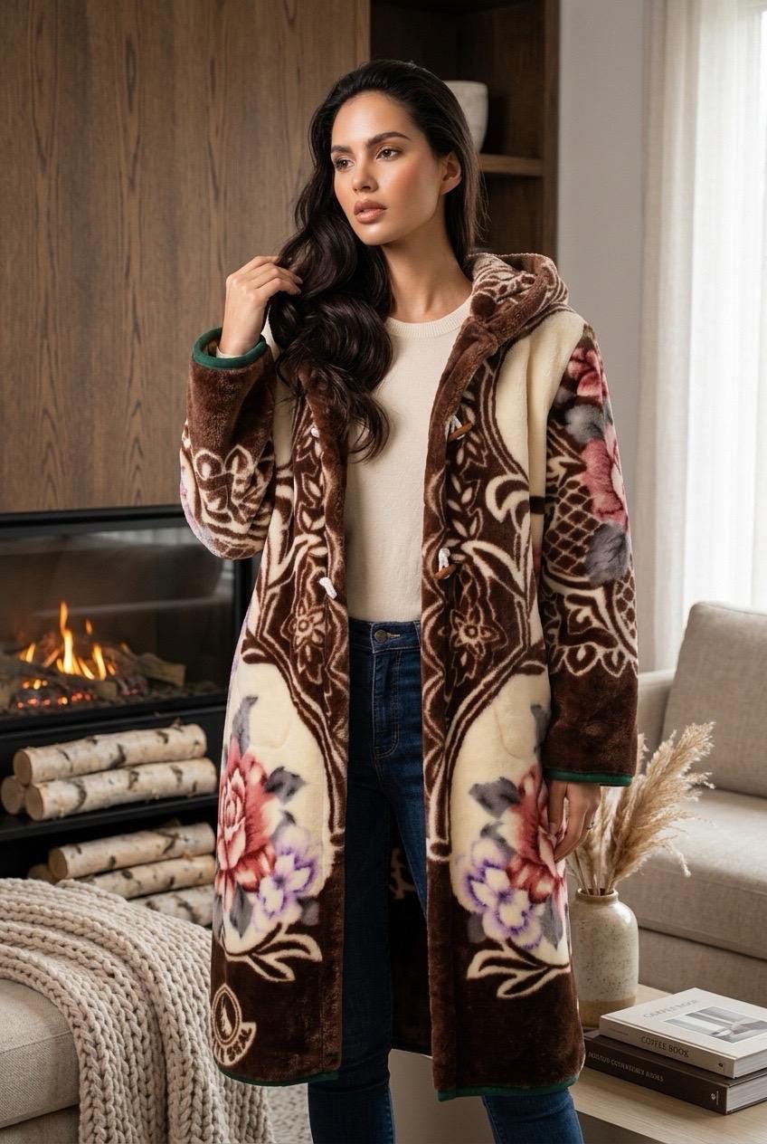 Vintage Floral Fleece Hooded Kimono Jacket - Upcycled Cottagecore Cozy Button Up Overcoat