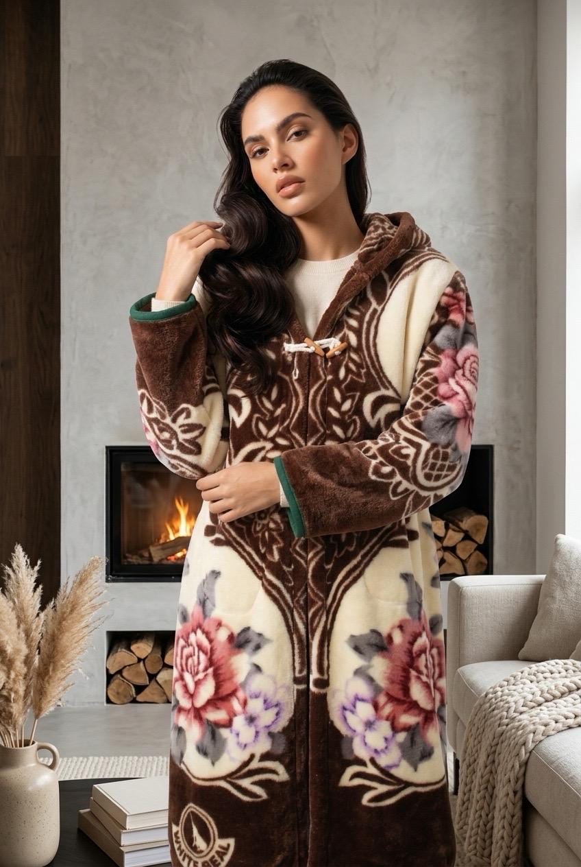 Vintage Floral Fleece Hooded Kimono Jacket - Upcycled Cottagecore Cozy Button Up Overcoat