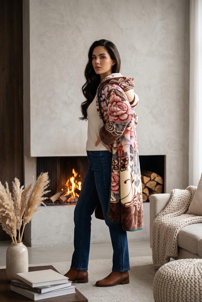 Vintage Floral Fleece Hooded Kimono Jacket - Upcycled Cottagecore Cozy Button Up Overcoat